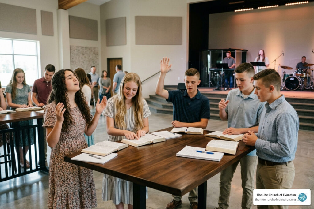 teens engaged in joyful Scripture study in a modern Apostolic Pentecostal church setting - bible study guide for teens