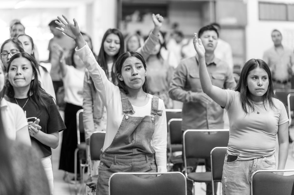 faith based youth groups teens praising Jesus in vibrant Apostolic Pentecostal youth service