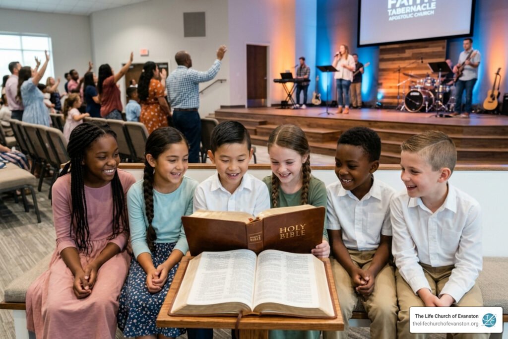Children happily reading the Bible together in a church setting - Bible lessons for kids