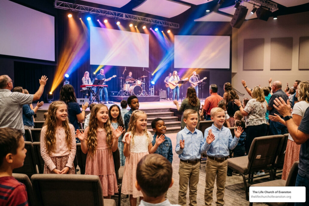 joyful children worshiping in a modern church setting